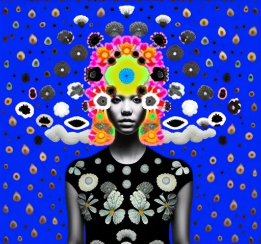 Prompt: A mixed media collage of a black and white photograph of a young woman growing all kinds of colorful multimedia psychedelic mushrooms and fungus out of her body (incorporate things like- but are not limited to - vibrant paints, enamels, glitters, metallic foils, newspaper and magazine cut paper, paint spatter, etc)<mymodel>