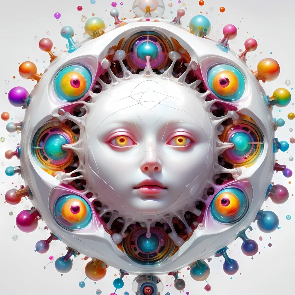 Prompt: a translucent white many sided multidimensional extra dimensional geometric shape churning through many extra dimensions etherically, covered in eyes, biological and mechanical simultaneously with random pops of brilliant vibid psychedelic color 