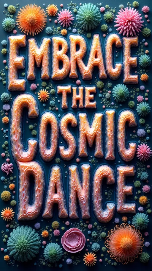 Prompt: "An extremely super hyperrealistic trippy weird surreal odd artwork featuring the phrase 'Embrace the Cosmic Dance' as the central element. 

The text itself is intricately woven into a vibrant tapestry of swirling fractal patterns, each letter morphing and flowing in harmony with the surrounding designs. These fractals, inspired by the Fibonacci sequence, spiral outward, creating a sense of infinite motion and interconnectedness.

The letters are composed of shimmering, iridescent colors that shift and change as if alive, reflecting the dynamic energy of the universe. They appear to be carved from a combination of crystalline structures and organic forms, with facets catching the light and adding depth and dimension to the scene.

Surrounding the text are elements from the natural world, such as Cladonia cristatella (British Soldier Lichen), Rhizopus stolonifer (Bread Mold), and Alectoria sarmentosa (Witch's Hair). These natural forms seem to grow and intertwine with the letters, their delicate structures adding texture and complexity to the artwork.

In the background, ethereal trails and webs of light represent quantum phenomena such as Quantum Entanglement and Quantum Foam. These trails weave through the fractals and text, symbolizing the unseen forces and connections that underpin reality.

Crystals and minerals such as Amethyst, Pyrite, and Fluorite are embedded throughout the scene, their vibrant hues and unique structures complementing the organic flow of the fractals and patterns. These elements add a touch of natural beauty and grounding to the ethereal landscape.

This artwork invites viewers to 'Embrace the Cosmic Dance,' encouraging them to immerse themselves in the surreal landscape and explore the infinite possibilities of the mind, with the text serving as both a focal point and a guide in this trippy, interconnected universe."