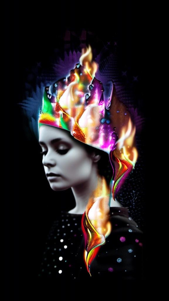 Prompt: a mixed media collage portrait of a woman in a black or white photograph that has bit edited with other media to create a collage like illusion that she is burning in shining metallic glittery rainbow colored fire flames , sparkle, colored paints, rhinestones sequins paint paper high texture-multimedia rainbow astral flames bursting forth from a black and white photograph of a woman<mymodel>