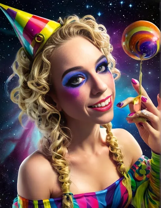 Prompt: Psychedelic hyperrealism of a female cosmic jester, long blond curly hair, vibrant psychedelic jester hat and attire and makeup, hallucinations, psilocybin, merry prankster of multidimensional geometry, tesseracts, hypercubes, trippy, highres, hyperrealism, cosmic, vibrant colors, hallucinatory, detailed makeup and attire, multidimensional, psychedelic