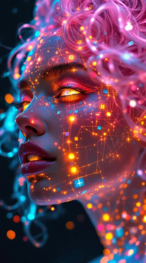 Prompt: Her face is a modular masterpiece—cheekbones traced with the shimmer of moonshine symmetry, every angle tuned to a hidden harmonic. Newton fractal veins glow faintly beneath translucent skin, shifting in color with each emotion. Her eyes burn with prime number fire, irises tiled in Penrose symmetry, blinking with curved light logic. Laughter echoes in Hilbert paths across her cheeks—space-filling joy spirals, soft and bright. Hair spills around her in radiant pink curls, styled by quasiperiodic forces and recursive wave equations—each strand flowing in luminous fractal tension. Geometry pulses at the hairline, recursive symbols glinting in neon mathdust. She is wrapped in hyperbolic aura-rings, layered in color-feedback like living topology, her presence refracting sacred math through joy, emotion, and colorfields.”

⸻

Visual Keywords:
Modular face symmetry, Newton glow skin, Penrose-tiled irises, Hilbert smile trails, pink recursive curls, fractal symbol halo, hyperbolic color aura, neon mathdust, prime fire eyes