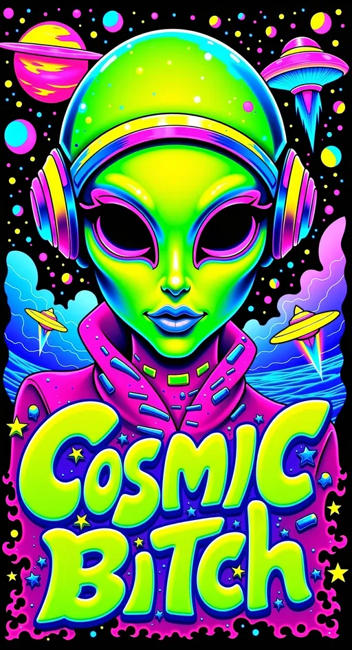 Prompt: **Cosmic Bitch - AI Art Prompt**

Create an artwork featuring the phrase "Cosmic Bitch" in a bold, sassy, girly futuristic tech font. The centerpiece is a stunning green-skinned alien female with a large somewhat conical shaped bald head & large solid black almond shaped eyes, exuding sass and confidence, dressed in avant-garde high fashion with a futuristic twist. Her ensemble is adorned with intricate accessories that scream alien chic.

Incorporate a vibrant UFO hovering in the scene, brimming with colorful lights that dance across the canvas. The background is a bustling outer space landscape, complete with an alien planet, swirling asteroids, and cosmic wonders. Alien glyphs are subtly woven into the design, adding an enigmatic touch.

The entire scene is a whirlwind of activity, filled with intricate details that draw the eye to every corner. From the tiniest star to the grandest asteroid, let no space go unadorned. The result is a masterpiece of cosmic chaos and extraterrestrial elegance.

Now, go forth and let your AI art creation shine in all its interstellar glory! 🌌👽✨