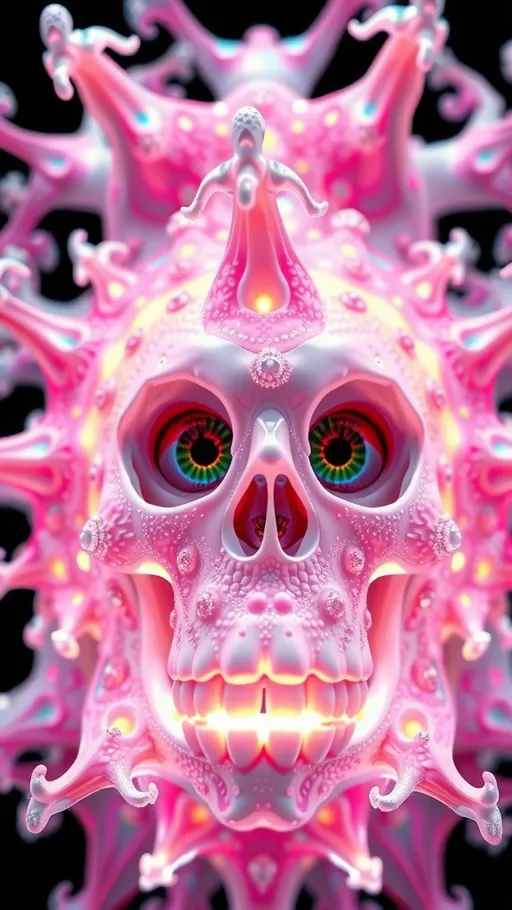 Prompt: an extremely hyper realistic ultra super textural weird trippy surreal psychedelic entity, gyroid structures, Pascal's Triangle, white, translucent, clear, bright bright pastel colors, oil slick rainbow sheen effect, lots and lots of light, lots of crazy colorful compound psychedelic human eyes, rows of human teeth, fungus, atoms, diatoms, gyroid structures, Pascal's Triangle