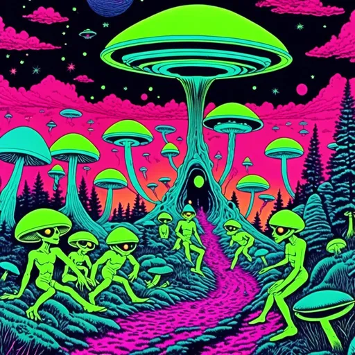 Prompt: <mymodel>Vintage 70s black light poster of little green men, smoking joints, alien landscape, UFO flying saucers, psilocybin cubensis mushrooms, vibrant trippy colors, neon purple and green, detailed psychedelic patterns, high quality, retro, black light, vibrant colors, detailed aliens, surreal landscape, psychedelic, smoking joints, UFO flying saucers, vintage poster, 70s aesthetic, vibrant neon, alien mushrooms, vibrant night sky