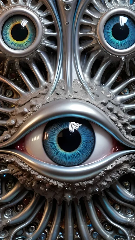 Prompt: An extremely hyperrealistic weird surreal trippy psychedelic silver-based lifeform,  eyes! lots of crazy multicolored compound psychedelic human eyes, rows and rows of human teeth, lips, and tongues, silver colors, vibrant shiny grays, whites, and hints of blues, metallic sheen, silver patina, tarnishing, intricate patterns, cubic crystal structures, highly reflective surfaces, conductive, malleable, ductile, surreal, organic shapes, flowing forms, liquid silver, solid silver, corroded textures, tarnished surfaces, electrical conductivity, thermal conductivity, chemical reactivity, environmental interaction, metallic luster, high reflectivity, surrealistic, biomorphic, complex symmetry, iridescent, vibrant hues, reflective surfaces, intricate details, organic textures, psychedelic elements, dynamic, mesmerizing, otherworldly, intricate, detailed, vibrant, surreal, biomorphic, organic, metallic.
 extreme organic and metallic textures
