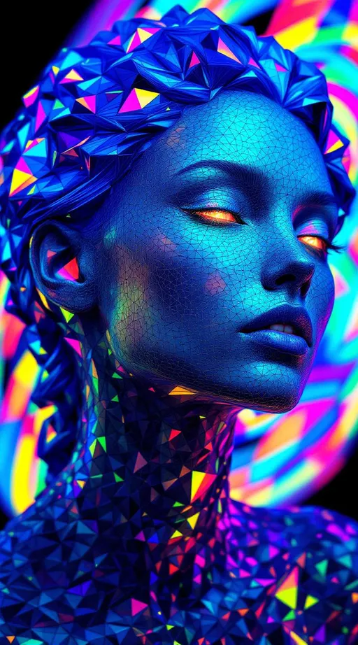 Prompt: A female form constructed entirely from hyperbolic tessellation and tiling, with no skin—only geometry. Her face is a recursive hyperbolic tiling in AdS space, composed of iridescent heptagons shrinking toward infinite recursion, mapped across a curved cheekplane of negative curvature. Escape gradients of neon hue ripple across the tiling, responding to distance-shell logic and spatial folding. Her jawline wraps in geodesic spiral tilings, shimmering like warped mirrors. Her eyes are ultrametric: infinite nested hyperbolic mirrors reflecting fractal Buddhas and glitch-star cores. Lips formed of Klein-bottle Petri tilings, shifting colors via chromatic phase distortion.

Her hair is not hair: it is a cascading network of hyperbolic triangle tilings, rendered as recursive geodesic domes, each braid a curved matrix of light—stitched with AdS curvature and spectral flare. She pulses in nightclub color logic: saturated chartreuse, bokeh-crushed indigo, neon flame—each flicker modulated through warped dimension. Her halo is a curvature corona: strobing disco-light refractions modulated through negative space logic. Her smile distorts the metric; her laugh echoes recursive joy across the curved plane. She is the Goddess of Hyperbolic Nightclubs, grown from math and light.

Modifiers:
– Ultra-saturated color scheme
– Strong backlighting and specular glow
– Recursive depth tiling with distance shell layers
– Phase-modulated iridescence
– AdS space mapping
– Fractal facial symmetry
– Hair = geometric recursion, no organic form
– Facial topology replaces anatomy with tiling logic