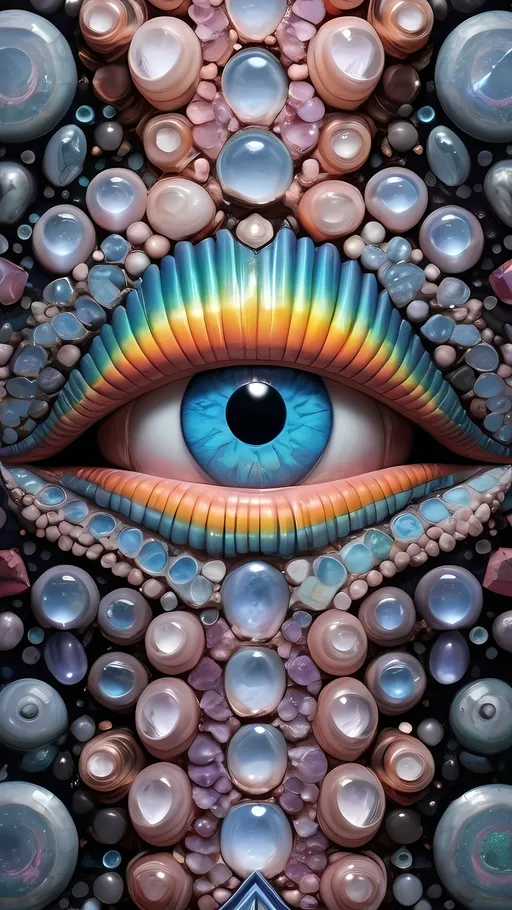 Prompt: Create an extremely hyper-realistic, ultra super textural, weird, trippy, surreal, psychedelic eyes/teeth/mouth pattern/design based on Mandelbrot & “Op Art tiling” with lots of human eyes (crazy colorful compound psychedelic), rows of human teeth, human lips, and tongues. 

- **Colors**: determined by the properties and expressions of the elements (& their isotopes), minerals, and metals: opal, moonstone, Kunzite, Fluorite, selenite, rose quartz, Palladium (Pd), “Fusarium verticillioides”

**Shapes and forms**
- Mandelbrot 
- "Op Art tiling" 
-other shapes determined by the natural properties and expressions of the elements (& their isotopes), minerals, metals, and biological organisms: opal, moonstone, Kunzite,  Fluorite, selenite, rose quartz,  Palladium (Pd), “Fusarium verticillioides”


- **Textures**: Derived from any/all elements (& their isotopes), minerals, metals, crystals, organic things mentioned in this prompt: opal, moonstone, Kunzite, Fluorite,  selenite, rose quartz, Palladium (Pd), “Fusarium verticillioides”

**Composition and Layout**:
- a pattern/design based on the Op Art tiling & Mandelbrot 

**Lighting**:
- lots of bright light
- Iridescence
- Aventurescence
- Chatoyancy
- Asterism

**Detail and Atmosphere**:
- Extreme hyperrealistic sharp high detail high definition organic and mineral textures
- Psychedelic, weird, odd, surreal atmosphere
- Frozen in time

**Additional Elements**:
- extra rows of teeth, lips, many eyes, Op Art tiling, Mandelbrot, Iridescence, Aventurescence, Chatoyancy
