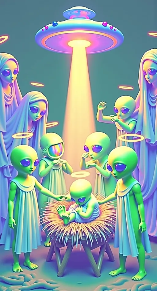 Prompt: Create an artwork that reimagines a classic Renaissance nativity scene with a futuristic twist. At the center, depict a happy, chubby, smiling green alien baby with a bald conical-shaped head and large, solid black almond-shaped eyes.the baby lays in a manger lined with hay. This alien baby is swaddled in futuristic holographic cloth, with a halo made of advanced alien technology. Surrounding the baby are angelic figures, also green-skinned aliens with conical bald heads and large black almond eyes, each adorned with their own alien tech halos. The scene is illuminated by a large holographic and silver UFO hovering above, casting beams of colorful light that illuminate the setting. Blend traditional Renaissance and Baroque elements with futuristic, glitchy aesthetics to create a unique and otherworldly atmosphere.

---

Feel free to tweak it as needed!