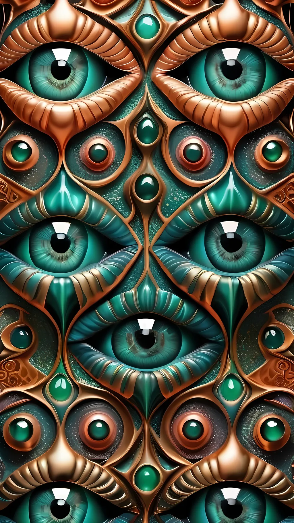 Prompt: Create an extremely hyper-realistic, ultra super textural, weird, trippy, surreal, psychedelic pattern/design based on arabesque tiling, with lots of human eyes (crazy colorful compound psychedelic), rows of human teeth, human lips, and tongues. Include mineral crystal accents.

- **Colors**: Inspired by the elements, minerals, and metals: peridot, emerald, pyrite, copper.
- **Textures**: Derived from organic elements, minerals, and metals like diatoms, mold, fungus, crystals

**Composition and Layout**:
- Spherical layout/composition
- Arabesque tiling
- hyperbolic forms and structures
-zoomed out creating a surreal pattern/design using arabesque tiling

**Lighting**:
- Lots of bright light

**Detail and Atmosphere**:
- Extreme hyperrealistic sharp high detail high definition organic and mineral textures
- Psychedelic, weird, odd, surreal atmosphere
- Frozen in time

**Additional Elements**:
- Diatoms, extra rows of teeth, lips, many eyes,fungus

Capture this scene using a Leica Summilux-M 35mm t/1.4 ASPH film for a hyper-realistic effect.