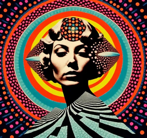 Prompt: <mymodel>Psychedelic trippy collage with a surreal vintage 70s sci-fi feel, vibrant colors, retro futuristic elements, surreal landscapes, detailed psychedelic patterns, high quality, vintage sci-fi, mixed with photograph of a woman with blond curly hair, geometric shape and optical illusions, vibrant colors, surreal, detailed patterns, trippy, collage, 70s, retro futuristic, eyes, surreal landscapes, detailed, atmospheric lighting