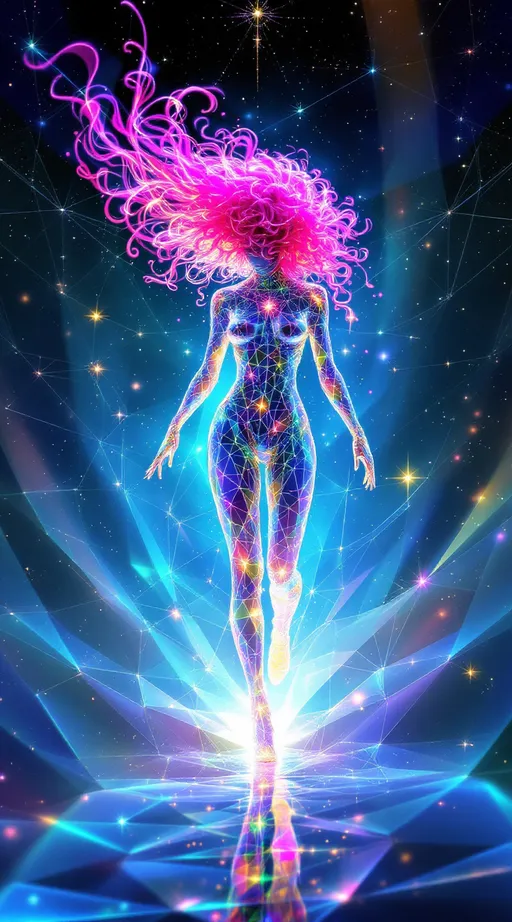 Prompt: In the astral geometry realm—where space folds and breathes through sacred systems—two beings move as living expressions of math itself. The field around them is made from Tessellotic Pulse Modulation—a vast, glowing lattice of shifting light-tiles—and Harmonic Fold Convergence, where translucent dimensional membranes curve inward in sacred rhythm. Through these foldings, bursts of Fractal Vector Bloom arc and weave like glowing calligraphy. And through all of it walk two waveform entities—not separate from the math, but built from it.

The first—a white woman, 5’4”, slim, wild neon-pink curly hair—is made entirely of shimmering, refractive facets (APS). Her body forms from ever-shifting anisohedral planes, no two alike, constantly adjusting their angles to refract new bursts of rainbow light. Her hair is made of vector filaments, spiraling in Lissajous curves, trailing glowing signatures through folded space. With each movement, she distorts the TPM lattice beneath her—causing radiant pulse-tiles to ripple outward. Her breath folds space into harmonic membranes (HFC); her laugh sends FVB threads spiraling into fresh geometry. She is radiant entropy—the HaHahedron walking.

Near her moves a tall man, 6’1”, lean muscular, short blondish hair, brilliant blue eyes—his form forged from dense nested toroids, symmetrical golden arcs, and prismatic dark crystal facets. His body emits stabilizing pulse patterns, drawing the surrounding fold-fields into coherence. His geometry is slower, more precise—deep sapphire recursion threaded with soft white harmonic light. He does not follow—he synchronizes. He orbits her bloom like an attractor—anchoring the waveform without stilling it.

They don’t walk the realm. They are the astral math expressing itself as movement, color, and convergence.