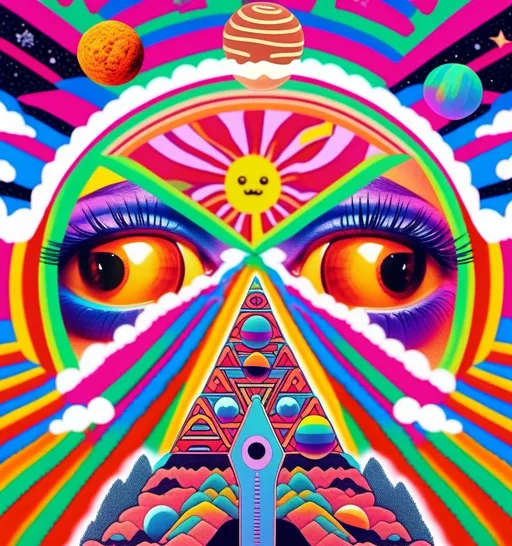 Prompt: a psychedelic collage with a vintage 70s sci animation feel to it except the theme is 90s internet memes. It is to be a collage of photographs and illustrations, outer space, planets, landscapes, optical illusion patterns, geometric shapes, eyes, hands, body parts, with rainbows, 404 error warnings, hamsters, cats, hot dogs, hamburgers, llamas, pickles, candy, chips, pixels, orbs, 90s style iconography spliced together with a vintage 70s psychedelic collage effect<mymodel>