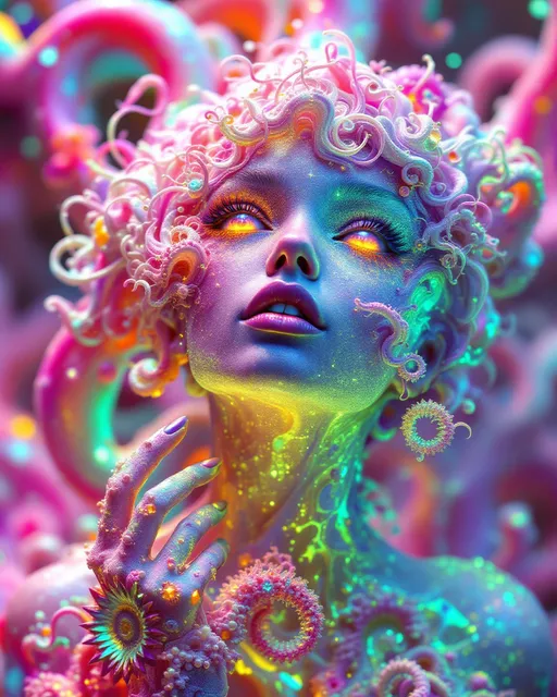 Prompt: Depict a surreal, multidimensional female figure—Merry—composed entirely from a living equation known as Fractal Drift in Hyperspace. Her body is sculpted from quaternionic Julia sets warped through Perlin noise and Möbius-space distortions, forming an endlessly flowing geometry. Self-similar coral-like filaments shimmer with radiant neon: hot pink, electric teal, oil-slick violet, and shimmering white. Her form is in constant, graceful flux—twisting inside-out along slow Möbius turns, subtly vanishing and reappearing like a being out of phase with known dimensions.

Hair becomes a halo of recursive fractal tendrils, sparkling with chaotic color harmonics, each strand flickering like data streaming from a dream. Her eyes are wells of curved spacetime, glowing black-indigo with gravitational pull. Her expression flickers across recursive interference waves—always shifting, always almost recognizable. Her skin is not skin, but compressed time rendered in color and motion.

Behind her, the void blooms into Recursive Graviton Bloom—a hyperbolic tiling in the Poincaré disk model, patterned in infinite nested symmetry. The grid curves and distorts from simulated gravitational lensing, giving it a warped-glass elegance. Through it drift Lorenz-attractor light filaments—ribbons of gold, red, blue, and ultraviolet, spiraling through space like alien synaptic pathways. A layer of Fourier interference waves rolls across the scene like a cosmic pulse, syncing to Merry’s breath. The entire scene feels sentient—as though space itself is watching her unfold.