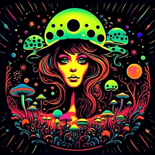 Prompt: <mymodel>Vintage 70s black light poster art illustration, girl hallucinating in space, psychedelic mushrooms, planets, moons, stars, fractals, vibrant colors, intense black light effects, detailed psychedelic girl, cosmic atmosphere, high quality, psychedelic, vintage, space, vibrant colors, fractal details, hallucination, girl illustration, retro art style, cosmic lighting