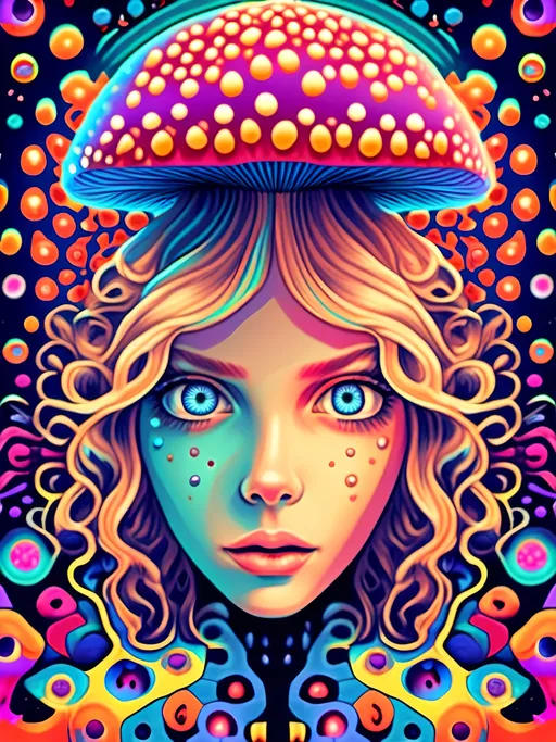Prompt: a psychedelic  poster art illustration of a psychedelic girl  with long blond curly hair on psychedelic magic mushrooms, her pupils are hugely dilated, with stars in her eyes she perceives ineffable geometries, colors that do not exist, fractals, the astral reality of her nature, while surrounded by psilocybe cubensis mushrooms, liberty caps, hallucinations and hallucinogenic mushrooms and a solid black cat is there in a psychedelic poster art illustration <mymodel>