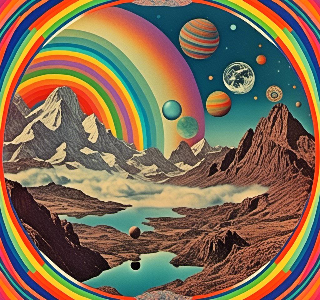 Prompt: A vintage 70s psychedelic collage with the theme “astral vacation”- incorporate themes of astral projection, the astral plane, the silver cord, use an astral brilliantly but sometimes muted opalescent color palette, & combine it all with planets, orbs, optical illusions and psychedelic trippy patterns, color spectrums as a surreal vintage psychedelic collage<mymodel>