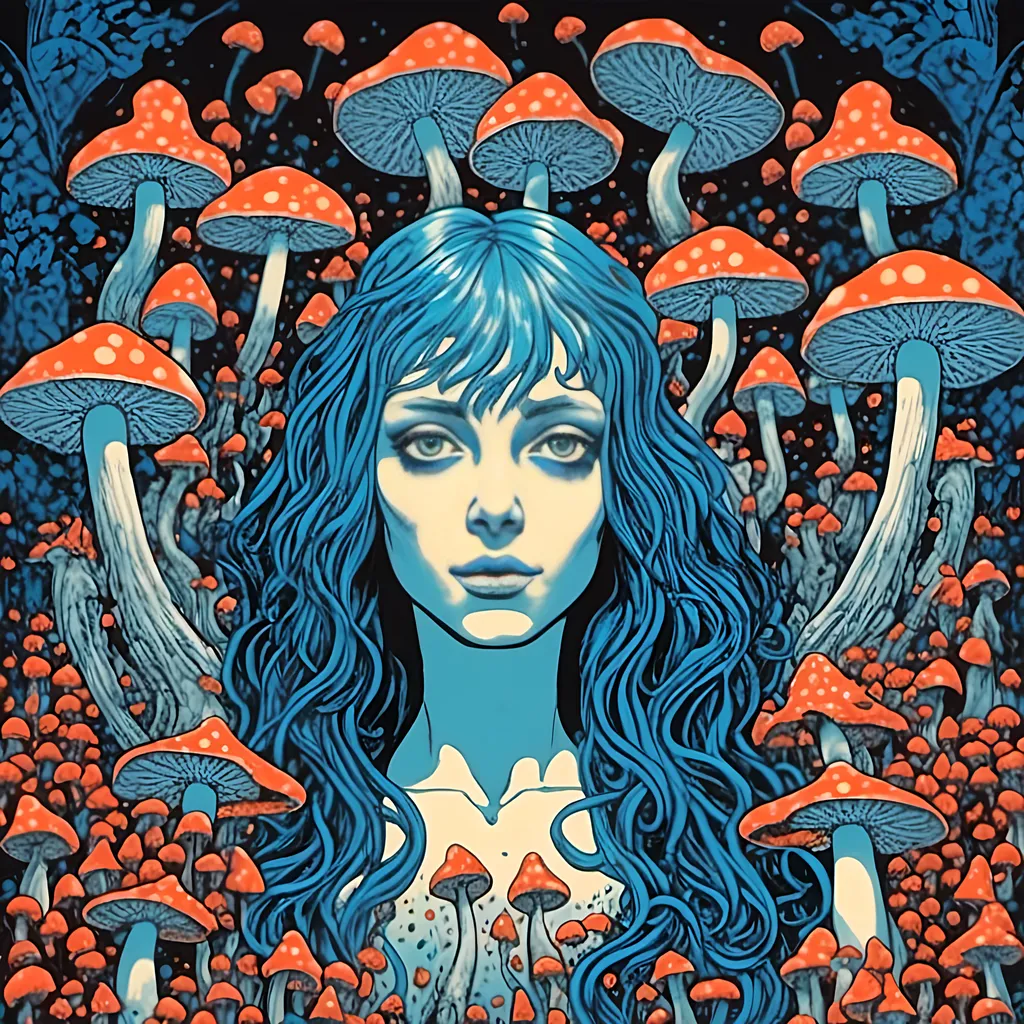 Prompt: a woman with blue hair<mymodel> surrounded by mushrooms and mushrooms in the forest, with a black background and a blue - eyed woman with blue hair, Alex Grey, fantasy art, promotional image, a character portrait