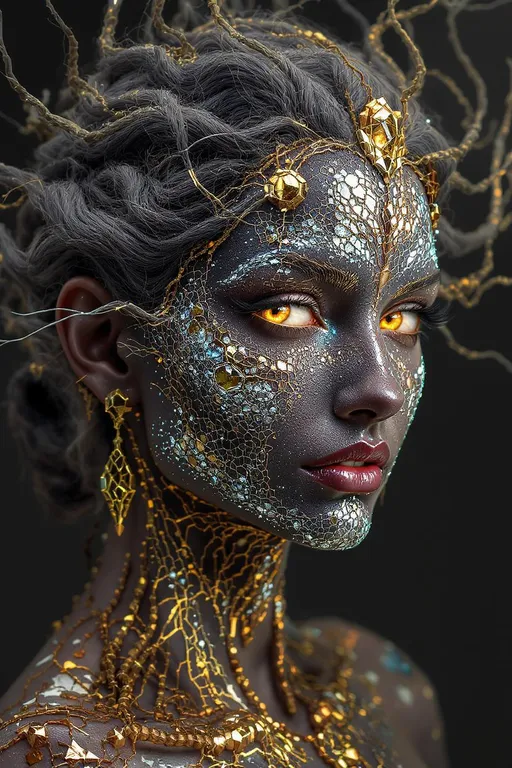 Prompt: Moss of Metal: The Electroformed Face
Prompt:
Craft an evocative portrait of a woman whose face is partially grown from electrochemical deposition—fractal metallic structures branching outward like dendrites or frost patterns in silver and copper. Her skin is no longer flesh, but a substrate for metallic bloom: fine moss-like filigree of charged particles laid down by invisible currents, forming complex textures that trace the paths of invisible voltages across her features.

From her jawline to her brow, her face is encased in intricate networks of conductive branches—sharp yet organic, somewhere between coral and circuitry. These metallized textures glimmer with layered patinas: oxidized blues, copper reds, gold veining, and silvery highlights that refract like mineral light. The deposition process leaves behind growth patterns—radiating from points of electrochemical initiation, fractalizing outward like thought made metallic.

Her eyes retain warmth—a contrast to the cold gleam of the surrounding material—and glow softly, hinting at internal current. The hair is a living sculpture of ferrous tendrils and braided filament wires, rising and spiraling like magnetic storms, some magnetically suspended midair, subtly twitching as if sensing an electric field.

This is a face caught in a liminal state between biology and machine—a portrait of synthetic rebirth, where thought, voltage, and mineral matter collaborate in recursive ornamentation.