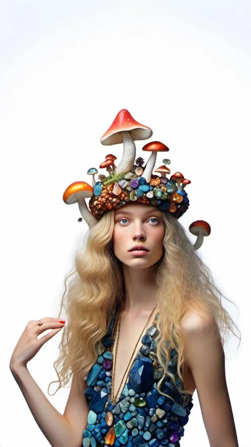 Prompt: <mymodel>Woman with long blond curly hair and mushrooms made of precious gemstones, fungal clothes encrusted with sparkling crystals, high-quality, magical realism, vibrant colors, detailed facial features, natural lighting