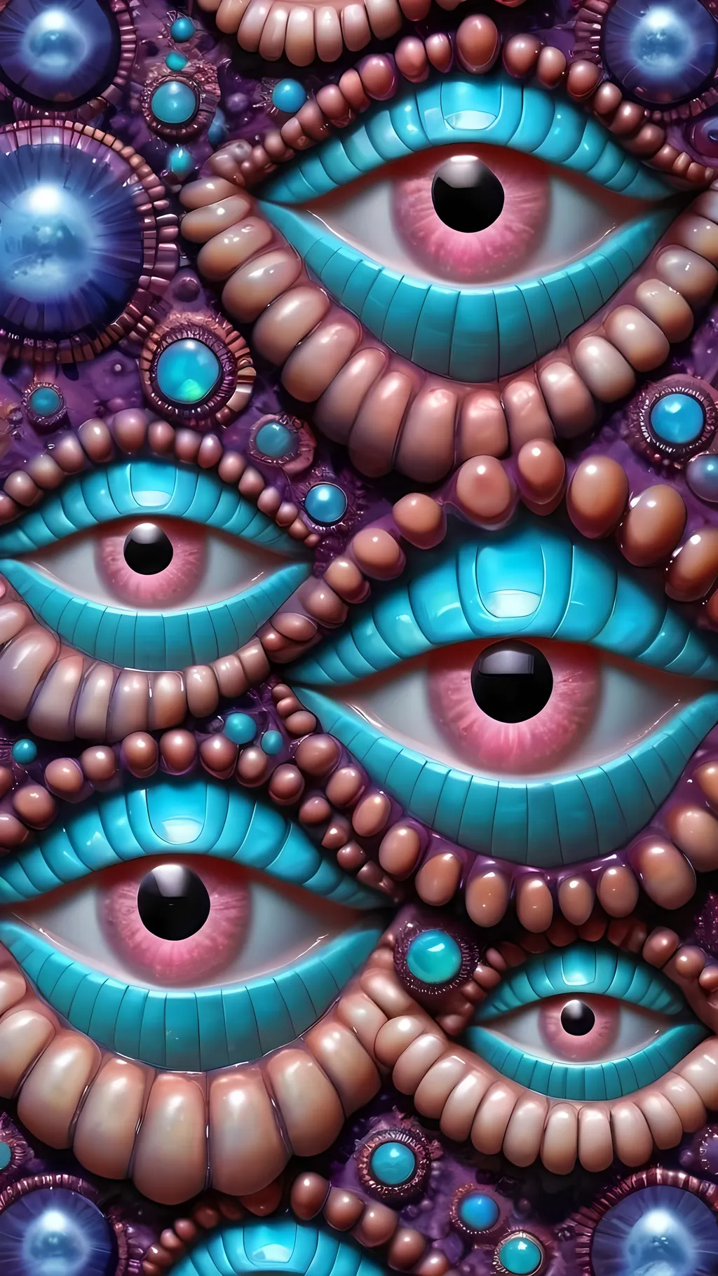 Prompt: Create an extremely hyper-realistic, ultra super textural, weird, trippy, surreal, psychedelic eyes/teeth/mouth pattern/design based on Mandelbrot & “Op Art tiling” with lots of human eyes (crazy colorful compound psychedelic), rows of human teeth, human lips, and tongues. 

- **Colors**: determined by the properties and expressions of the elements (& their isotopes), minerals, and metals: opal, moonstone, amethyst, rose quartz, Platinum (Pt)

**Shapes and forms**
- Mandelbrot 
- "Op Art tiling" 
-other shapes determined by the natural properties and expressions of the elements (& their isotopes), minerals, metals, and biological organisms: opal, moonstone, amethyst, rose quartz,  Platinum (Pt)


- **Textures**: Derived from any/all elements (& their isotopes), minerals, metals, crystals, organic things mentioned in this prompt: opal, moonstone, amethyst, rose quartz, Platinum (Pt)

**Composition and Layout**:
- a pattern/design based on the Op Art tiling & Mandelbrot 

**Lighting**:
- lots of bright light
- Iridescence

**Detail and Atmosphere**:
- Extreme hyperrealistic sharp high detail high definition organic and mineral textures
- Psychedelic, weird, odd, surreal atmosphere
- Frozen in time

**Additional Elements**:
- extra rows of teeth, lips, many eyes, Op Art tiling, Mandelbrot, Iridescence
