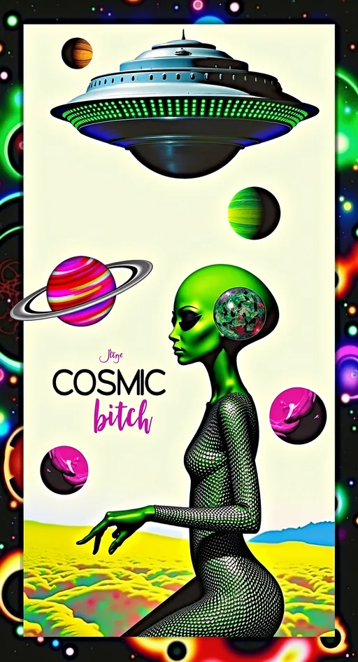 Prompt: **Cosmic Bitch - AI Art Prompt**

Create an artwork featuring the phrase "Cosmic Bitch" in a bold, sassy, girly futuristic tech font. The centerpiece is a stunning green-skinned alien female with a large somewhat conical shaped bald head & large solid black almond shaped eyes, exuding sass and confidence, dressed in avant-garde high fashion with a futuristic twist. Her ensemble is adorned with intricate accessories that scream alien chic.

Incorporate a vibrant UFO hovering in the scene, brimming with colorful lights that dance across the canvas. The background is a bustling outer space landscape, complete with an alien planet, swirling asteroids, and cosmic wonders. Alien glyphs are subtly woven into the design, adding an enigmatic touch.

The entire scene is a whirlwind of activity, filled with intricate details that draw the eye to every corner. From the tiniest star to the grandest asteroid, let no space go unadorned. The result is a masterpiece of cosmic chaos and extraterrestrial elegance.

Now, go forth and let your AI art creation shine in all its interstellar glory! 🌌👽✨