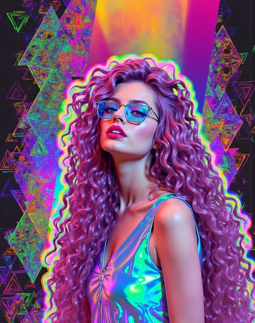 Prompt: In a vibrant cosmic scene, Merry—a caucasian slim woman with long wild pink very curly hair and blue eyes—stands amidst a dazzling array of triangles and mathematical wonders. Her hair flows like a nebula, merging with a spectrum of geometric forms in amethyst and citrine hues.

Sierpinski's triangle takes center stage, its intricate fractal pattern of indigo and orange triangles creating a mesmerizing tapestry around Merry. Above, Penrose tiling unfolds in turquoise and magenta, its non-repeating design symbolizing infinite mathematical possibilities. A Möbius strip spirals around Merry, its surface a seamless loop of iridescent light.

The color palette is a vivid explosion of neon greens, radiant yellows, and rich magentas, evoking a psychedelic dreamscape. The mood is one of infinite curiosity, as Merry embodies the harmony between chaos and order in this mathematical universe.

Rendered with meticulous detail, the scene blends crisp outlines with seamless colors, inviting viewers to explore this surreal wonderland.

Style: Psychedelic geometric art with surreal elements, inspired by fractal geometry and Penrose tiling. Medium: Digital collage.

Character count: 1,052