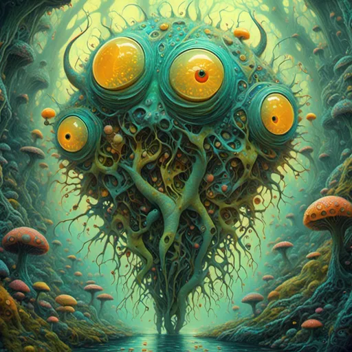 Prompt: <mymodel>an extremely hyper realistic super textural psychedelic entity/creature, trippy, weird, surreal, fractals, multidimensional geometric shapes, eyes, human teeth, lots of light, bright pastel colors, luminous, glowing, extremely textural, yellow, greens, oranges, silver, copper