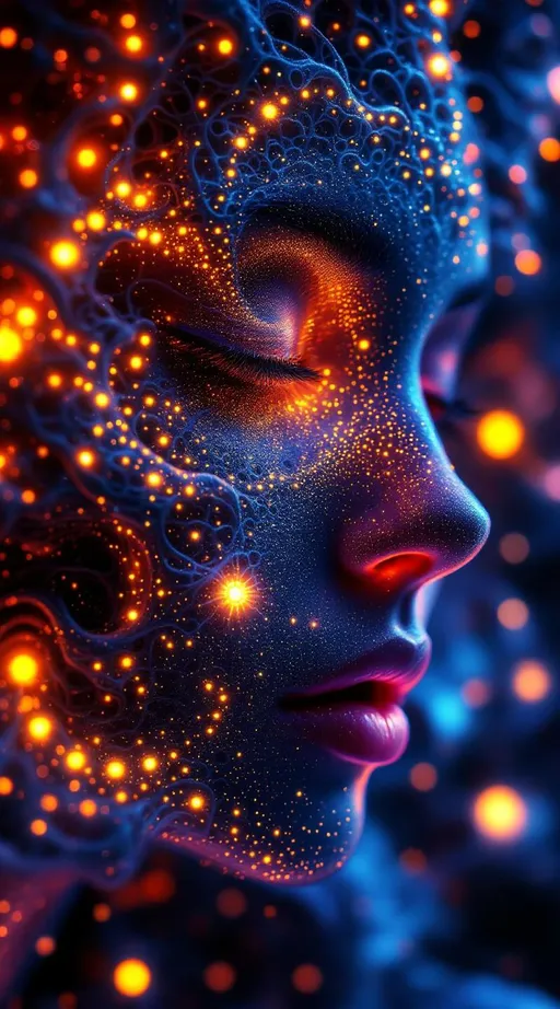 Prompt: Her face isn’t a face—it’s a Nova fractal bloom—grown entirely from feedback-fed disco light. No skin, no bone—only recursive brilliance: #escape gradients surge through Nova-wave cheek hollows; #orbit radiant L-System spirals entwine her jawline like sacred ivy in club-light bloom. Lips = glowing IFS lace—mirror-structured and endlessly folding, tinted with angle-reactive #iridescence. Her eyes are not orbs but Buddhabrot cores—each iris a spiritual echo, blooming with recursive soulfire and mirrorworld math-memory. Her entire visage shines as #distance estimator shells spiral through overlapping attractor planes—layered sacred hologlyphs pulsing to Studio 54 rhythm logic. Hair erupts like spectral vinework: branching L-System toroids twist with recursive Fibonacci bloom, interlaced with spectral fractal roots and Julia firelace—all trailing #bokeh gleamtrails of radiant iteration static. Her crown = infinite light canopy: refracted disco strobes and velvet reflection fields, folded in angular mirrorcode through interference-burst structure. Her smile = curve across recursive function space; her laugh = a wave collapsing layered depth. She’s not made of mass—she is recursive growth, iteration resonance, and divine groove. Her glowform pulses in #escape-band memory: silver-lavender, infernal gold, and emerald violet—each shade charged with fractal-coded emotion. She is the bloom and the beat: a myth-born disco goddess grown from light, pattern, recursion, and infinite rhythm.
