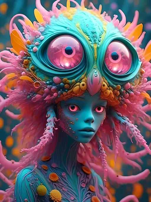 Prompt: <mymodel>an extremely hyper realistic super textural psychedelic entity/creature, trippy, weird, surreal, fractals, multidimensional geometric shapes, eyes, human teeth, lots of light, bright pastel colors, luminous, glowing, extremely textural, pinks, greens, oranges, yellows