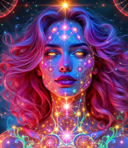 Prompt: Her face is a modular masterpiece—cheekbones traced with the shimmer of moonshine symmetry, every angle tuned to a hidden harmonic. Newton fractal veins glow faintly beneath translucent skin, shifting in color with each emotion. Her eyes burn with prime number fire, irises tiled in Penrose symmetry, blinking with curved light logic. Laughter echoes in Hilbert paths across her cheeks—space-filling joy spirals, soft and bright. Hair spills around her in radiant pink curls, styled by quasiperiodic forces and recursive wave equations—each strand flowing in luminous fractal tension. Geometry pulses at the hairline, recursive symbols glinting in neon mathdust. She is wrapped in hyperbolic aura-rings, layered in color-feedback like living topology, her presence refracting sacred math through joy, emotion, and colorfields.”

⸻

Visual Keywords:
Modular face symmetry, Newton glow skin, Penrose-tiled irises, Hilbert smile trails, pink recursive curls, fractal symbol halo, hyperbolic color aura, neon mathdust, prime fire eyes