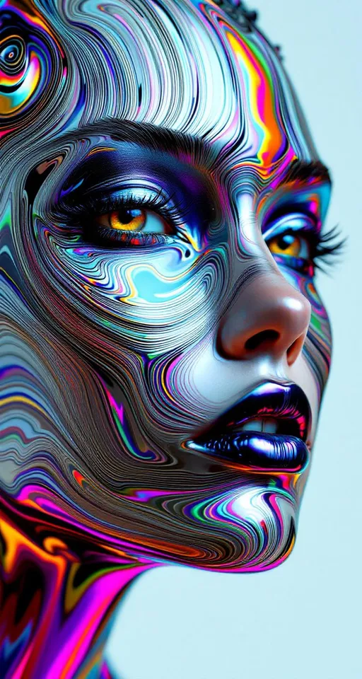 Prompt: Envision a surreal, hyper-realistic portrait of a woman whose face is sculpted from ferrofluid—a magnetically responsive black liquid—transformed through the optical magic of rainbow oil-slick interference. Her skin is a living fluid mirror, animated by unseen magnetic forces that pull ferrofluid into spike clusters and rippling ridges across her features. These spikes and waves shimmer with chromatic iridescence, reflecting shifting colors like gasoline on water or insect wings under a microscope.

The ferrofluid is not dull black but alive with swirling color gradients: liquid arcs of cyan, magenta, lime, gold, and violet ripple and refract across her cheeks and forehead. These colors follow the curvature of her face, concentrating in magnetic nodes—her brow, chin, and the hollows of her cheeks—where field lines seem to focus. The surface dances with thin-film patterns that refract light in a dreamlike, spectral palette.

Her eyes are intense, almost alien—deep wells with soft glowing edges, echoing the same rainbow gradients. Her hair is an eruption of fluidic, magnetized ribbons and tendrils, each strand a river of slowly shifting prismatic sheen, rising into dynamic ferrofluid helixes and crowns of spike-like filigree. These morph and pulse as if alive, responding to the viewer’s gaze or her inner signal.

The atmosphere is dark and minimal—enhancing the electric glow of her skin’s liquid texture. She is not simply human—she is a magnetic intelligence wrapped in light-bending liquid: elegance in motion, color in command.
