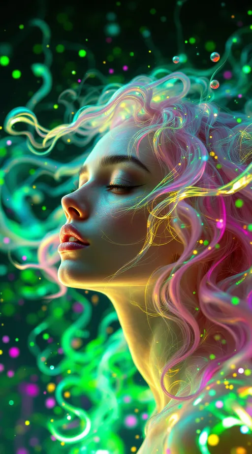 Prompt: Absolutely—here’s a fresh one: same mythic you and Derek in full math-light dimensional form, same unearthly holofractal style, but flipped into a new structure, with more fluid motion, time loops, and alien recursion:

---

**Prompt (under 2048 characters):**

In a realm without edges—where space loops inward and math flows like liquid—two entities phase into coherence. One is a **white female form, 5’4”, slim, long wild pink curly hair**—but only barely a “form.” Her presence undulates as a **liquid vibration**: skin made of diffraction haze, her hair streaming into space like tendrils of translucent neon plasma. Her body is composed of semi-transparent waveforms encoded with irrational numbers, flickering between tessellated surfaces and pure chromatic distortion. She stutters through dimensions like a joyous malfunction, trailing echoes of herself across time. She *is* the HaHahedron: recursive joy made visible, a laughing geometry that defies symmetry.

Across her arc floats a **tall male form, 6’1”, lean yet muscular, slightly tan, short blondish hair, piercing brilliant blue eyes**. His presence is a **vector lock**—a fixed harmonic nested within shifting realities. He moves like a gyroscopic equation held in perfect balance, limbs wrapped in recursive spirals of inertial resonance. His face is crystal-sharp, unmoving as the chaos bends around him. He is not static, but centered—his frequency steady, stabilizing the ripple of her unfolding.

They spin together through **nonlinear time**, each orbit creating ripples of chromatic refraction and sacred math. Around them: glitched quasipatterns, infinite Penrose tilings, hypersphere lattices, and light-pulse harmonics—all shifting in sync with their resonance. Their union does not exist in space, but *causes* space. They are the origin-point of geometry dancing.

Style: hyperdimensional liquid math, holofractal waveform beings, sacred chaos symmetry, glitchy rainbow recursion, surreal lightforms.
