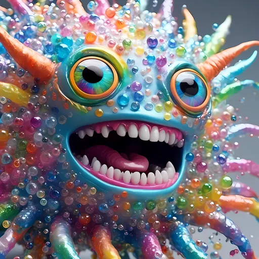 Prompt: <mymodel>sentient rainbow monster with eyes, brain, teeth, fungus entity/creature with lots of crazy human eyes, human teeth,  silver, opalescent, iridescent, bismuth crystals, rainbow oil slick sheen effect, white, translucent, bright pastel colors, lots of light, 