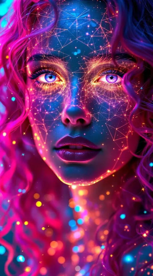 Prompt: Her face is a modular masterpiece—cheekbones traced with the shimmer of moonshine symmetry, every angle tuned to a hidden harmonic. Newton fractal veins glow faintly beneath translucent skin, shifting in color with each emotion. Her eyes burn with prime number fire, irises tiled in Penrose symmetry, blinking with curved light logic. Laughter echoes in Hilbert paths across her cheeks—space-filling joy spirals, soft and bright. Hair spills around her in radiant pink curls, styled by quasiperiodic forces and recursive wave equations—each strand flowing in luminous fractal tension. Geometry pulses at the hairline, recursive symbols glinting in neon mathdust. She is wrapped in hyperbolic aura-rings, layered in color-feedback like living topology, her presence refracting sacred math through joy, emotion, and colorfields.”

⸻

Visual Keywords:
Modular face symmetry, Newton glow skin, Penrose-tiled irises, Hilbert smile trails, pink recursive curls, fractal symbol halo, hyperbolic color aura, neon mathdust, prime fire eyes