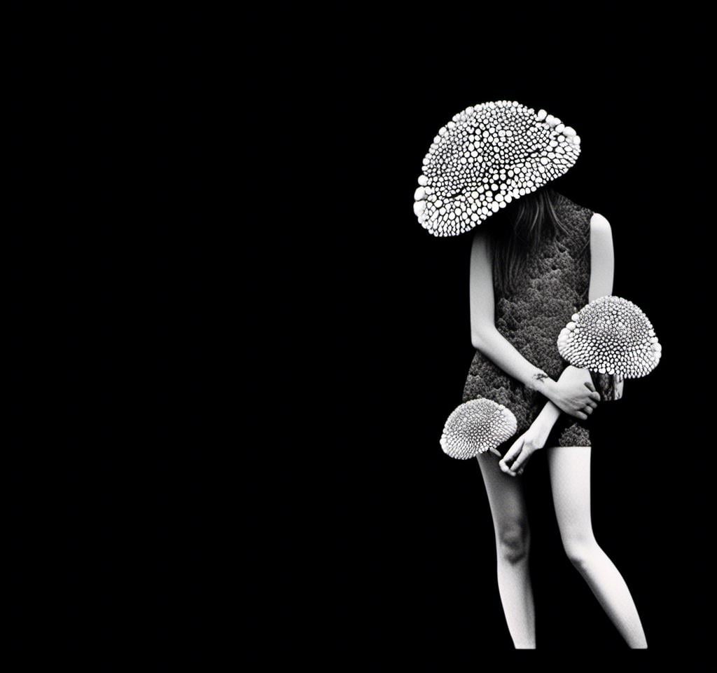 Prompt: a mixed media collage of a girl wearing or growing mushrooms/fungus as clothing body parts and accessories. She is a black and white or halftone photograph, the mushrooms and fungal growths are to be mixed media, including but not limited to paint, enamel, foils, glitter, sparkle, sequins, found objects, natural items, rhinestones etc <mymodel>