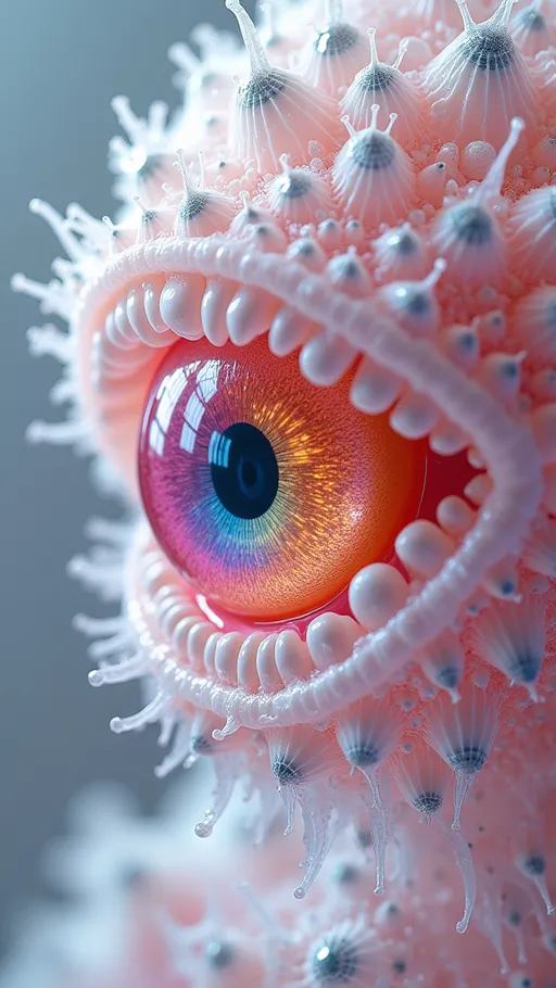 Prompt: an extremely hyper realistic ultra super textural weird trippy surreal psychedelic entity, white, translucent, clear, bright bright pastel colors, oil slick rainbow sheen effect, lots and lots of light, lots of crazy colorful compound psychedelic human eyes, rows of human teeth, fungus, atoms, diatoms,