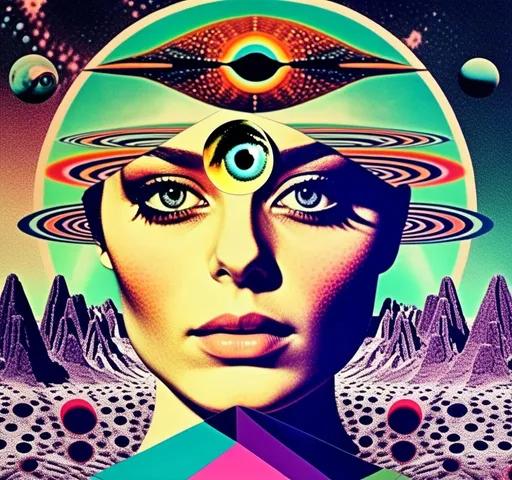 Prompt: a vintage 70s surreal psychedelic collage featuring a photograph of a young woman - it has a vintage 70s surreal science fiction art house feel to it. The photograph is cut out and edited into a collage made up of other photographs and art and feature things such as eyes, psychedelic third eyes, planets and stars, desert alien landscapes and mountains, psychedelic trippy patterns and optical illusions, psychedelic mushrooms, cats, UFOs, etc all mixed up together to create a surreal psychedelic collage effect<mymodel>