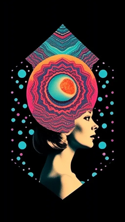 Prompt: <mymodel>Psychedelic trippy collage with a surreal vintage 70s sci-fi feel, vibrant colors, retro futuristic elements, surreal landscapes, detailed psychedelic patterns, high quality, vintage sci-fi, mixed with photograph of a woman with blond curly hair, geometric shape and optical illusions, vibrant colors, surreal, detailed patterns, trippy, collage, 70s, retro futuristic, eyes, surreal landscapes, detailed, atmospheric lighting