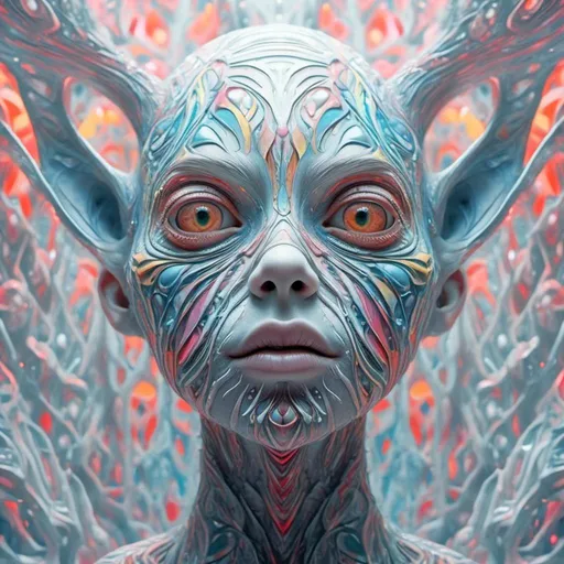 Prompt: <mymodel> Extremely hyperrealistic psychedelic geometric creature, trippy, surreal, odd, weird, unsettling, multidimensional geometry, nonhumanoid  geometric shape, translucent, silver, white, bright pastel colors, fractals, ultra textural, creature, monster, entity, face/body/mouth, eyes