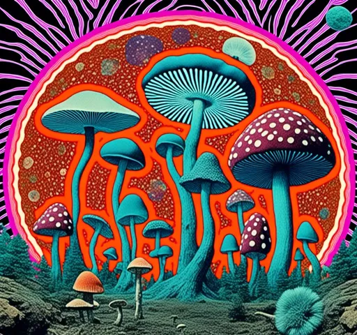 Prompt: <mymodel>Retro psychedelic collage of vibrant, 70s-inspired fungus, mushrooms, vibrant colors and patterns, surreal collage cut and paste composition, landscapes, trippy patterns, optical illusions, planets vintage analog texture, high quality, retro, psychedelic, vibrant colors, surreal, vintage, analog texture, detailed patterns, artistic