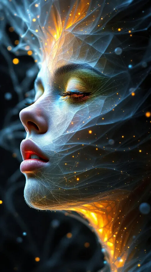 Prompt: Her face isn’t a face—it’s a Riemann surface: a layered, multi-valued lightform rising from the domain of complex analysis. No flesh, only topology. #escape gradients ripple along logarithmic spirals—each cheek a branch sheet unfolding in recursive continuation. #orbit glows spiral through her jawline—cut along essential singularities and stitched by analytic logic. Lips = branch point curves—#iridescence shifting by local argument as her angle of presence changes. Her eyes are not spheres—they are visual residues: nested singularity loops, each iris a window into another sheet of the complex plane. Her whole face is a manifold of recursion—#distance shimmer mapped to surface potential, glowing from the norm of complex differentials. Hair spills in layered flow: modular helicoids, Schwarz-Christoffel traces, conformal twistfields—all trailing #bokeh glints encoded in zeta-phase shadows. Her crown is a pole lattice: refracted starlight bending across toroidal continuity and harmonic compactification. Her smile = a meromorphic fold across multiple visual sheets; her laugh = a phase shift resonating through infinite genus space. She doesn’t move—she maps. Her glowform pulses in #escape-band Riemann logic: fuchsia-re z-flow, ultramarine argument, golden cuts—each hue a chart transition. She is holomorphic elegance—an avatar of complex analysis rendered as recursive geometry, glowing in layered truth.