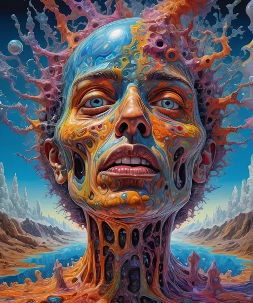 Prompt: Extreme psychedelic hyperrealism- Super high definition ultra textural Weird surreal depiction of ego death, melting into fractals, multidimensional geometric shapes, surrealism, detailed, highres, intense colors, eerie lighting, bizarre features, unsettling atmosphere, otherworldly, distorted proportions, mind-bending, dreamlike, abstract,, trippy psychedelic ultra detailed textures