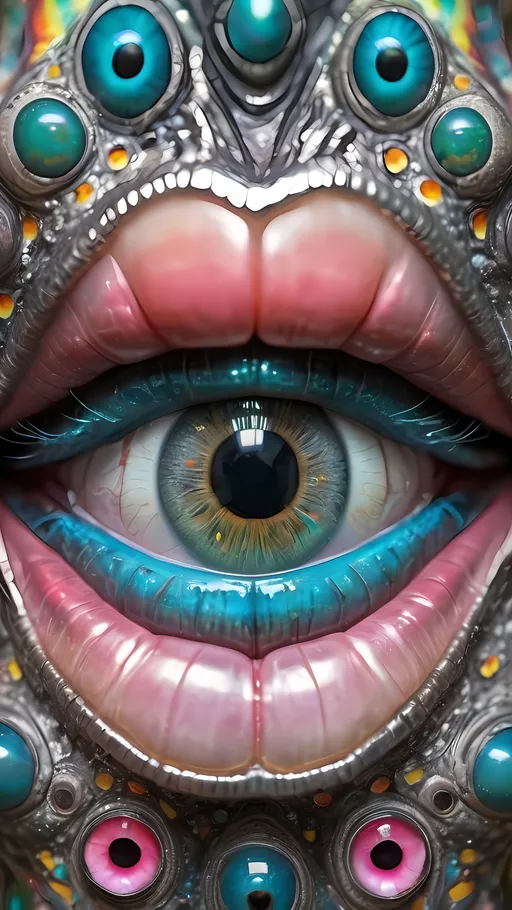 Prompt: an extremely hyper realistic ultra super textural weird trippy surreal psychedelic entity, Cardioid Curves, ,,, translucent, pearlescent finish, silver, pyrite, quartz,, clear, bright vivid teals, blues, pinks/yellows/greens, black charcoal, lots and lots of light, lots of crazy colorful compound psychedelic human eyes, human lips, tongues, rows of human teeth, fungus,  atoms, diatoms,, Cardioid Curves