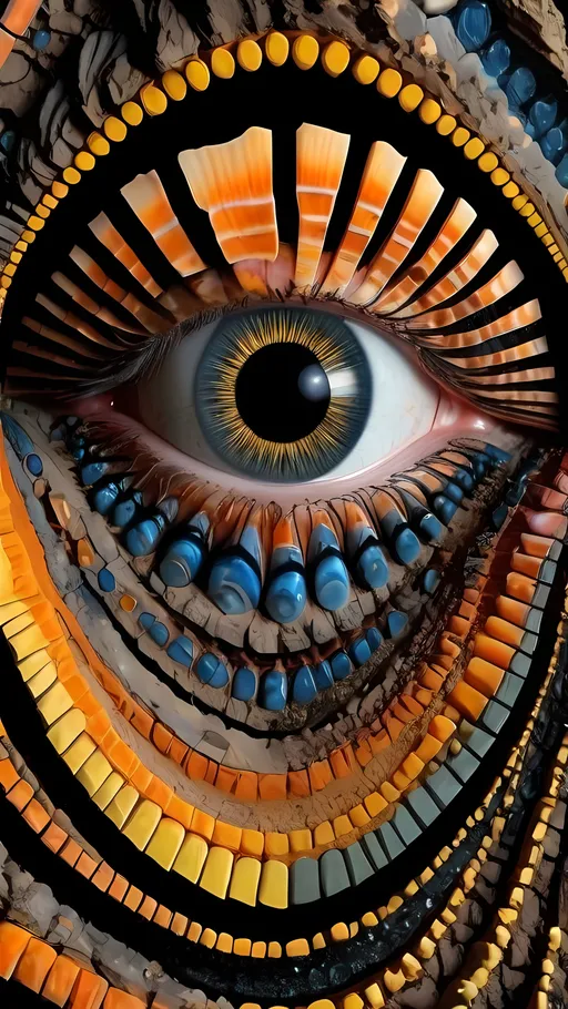 Prompt: Create an extremely hyper-realistic, ultra super textural, weird, trippy, surreal, psychedelic eyes/teeth/mouth pattern/design based on “Fibonacci Spirals” & “op art tiling” with lots of human eyes (crazy colorful compound psychedelic), rows of human teeth, human lips, and tongues. 

- **Colors**: determined by the natural properties and expressions of the elements (& their isotopes), raw rough minerals, and metals: Molybdenum (Mo), Sphalerite, Orpiment, obsidian, sulfur, Heliodor

**Shapes and forms**
- main form: “Fibonacci Spirals”
-other shapes determined by the natural properties and expressions of the elements (& their isotopes), raw rough minerals, metals, and biological organisms: Molybdenum (Mo), Sphalerite, Orpiment, obsidian, sulfur, Heliodor

- **Textures**: Derived from any/all elements (& their isotopes), minerals, metals, crystals, organic things mentioned in this prompt: “Fibonacci Spirals”, Molybdenum (Mo), Sphalerite, Orpiment, obsidian, sulfur, Heliodor

**Composition and Layout**:
- a pattern/design based on “Fibonacci Spirals”

**Lighting**
- lots and lots of bright shining reflective light


**Detail and Atmosphere**:
- Extreme hyperrealistic sharp high detail high definition organic and mineral textures
- Psychedelic, weird, odd, surreal atmosphere
- Frozen in time

**Additional Elements**:
- extra rows of teeth, lips, many eyes, “Fibonacci Spirals”, Aventurescence, Chatoyancy
