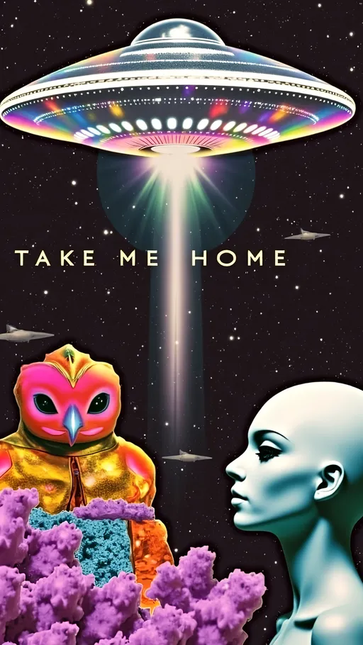 Prompt: Create a hyperrealistic yet illustrative close-up of an alien girl's face and the text phrase “TAKE ME HOME” - Her head is conical-shaped and bald, with large almond-shaped eyes that reflect a mesmerizing array of colored lights. She gazes up at a massive UFO hovering above, its metallic silver surface shimmering with holographic hues. The UFO is adorned with intricate alien designs, showcasing fine, delicate patterns that suggest advanced technology. A ray of light beams down from the UFO, casting a soft glow on her features. The scene is filled with ultra-fine details, blending realism with artistic creativity, capturing an otherworldly beauty.