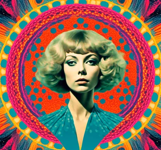 Prompt: <mymodel>Psychedelic trippy collage with a surreal vintage 70s sci-fi feel, vibrant colors, retro futuristic elements, surreal landscapes, detailed psychedelic patterns, high quality, vintage sci-fi, mixed with photograph of a woman with blond curly hair, geometric shape and optical illusions, vibrant colors, surreal, detailed patterns, trippy, collage, 70s, retro futuristic, eyes, surreal landscapes, detailed, atmospheric lighting