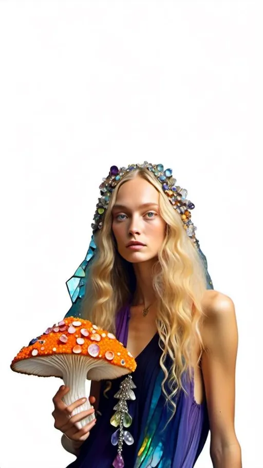 Prompt: <mymodel>Woman with long blond curly hair and mushrooms made of precious gemstones, fungal clothes encrusted with sparkling crystals, high-quality, magical realism, vibrant colors, detailed facial features, natural lighting