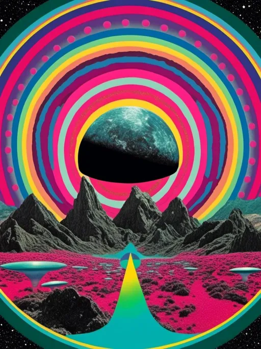 Prompt: <mymodel> Vintage 70s psychedelic surreal sci-fi Collage, analog, cut & paste, outer space, rainbows, spectrum, optical illusions/trippy patterns, surreal alien landscapes, UFOs, « little green men », psilocybin mushrooms, geometric shapes , planets, orbs, black night sky with stars, in the center, hot pink, teal, yellow, orange, neon green