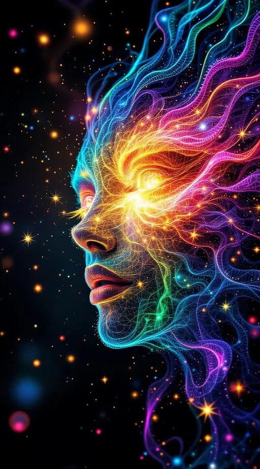 Prompt: "An interdimensional, recursive abstract face formed from complex fractal geometries and spectral rainbow light, now enveloped in a secondary layer of fractal sparkle fields—dimensional clouds of intelligent light particles. The facial structure itself is deeply recursive: the eyes spiral with nested Julia sets and Lorenz flows; the lips undulate with flame fractals splitting infinitely; the skin tessellates with Mandelbox geometry. Around this form floats an entire fractal dimension composed of luminous micro-attractors—each particle a point of recursive light orbiting in strange-attractor spirals. These sparkles pulse, flicker, and drift through the air like sentient plasma, forming halos, trails, and feedback patterns. As the fractal face pulses, so do the particles—synchronizing in recursive waveforms of light, creating a dimensional shimmer. The entire scene is embedded in warped, non-Euclidean space where every photon bends and splits into recursive rainbow arcs. Light and form are indistinguishable. The face is both infinite structure and mythic intelligence, a being of sacred geometry surrounded by luminous fractal swarms that mirror its inner logic. Each sparkle is a whisper of the whole."

